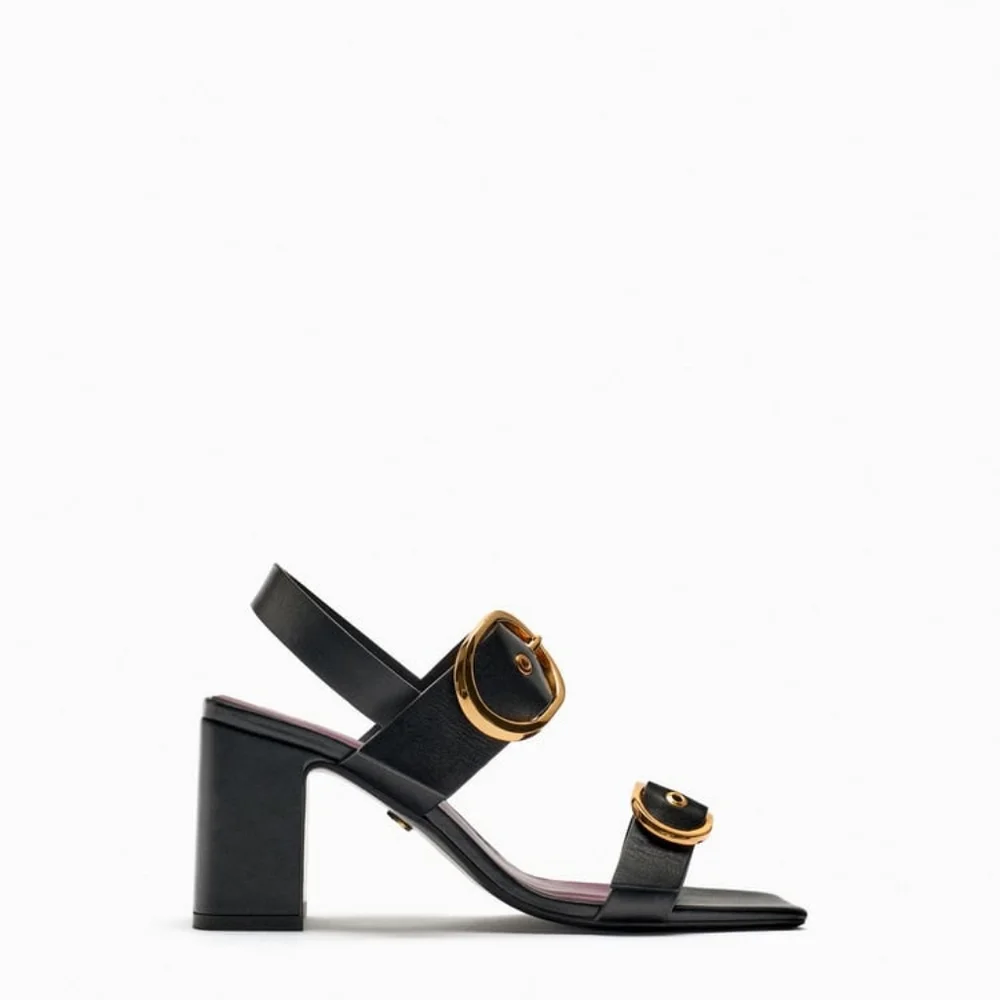 Zara Block heels buckled leather sandals black  new - Picture 5 of 9